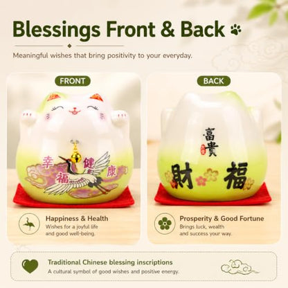 kcrygogo Green Maneki Neko Lucky Cat Figurine, Ceramic Japanese Fortune Cat Statue with Happiness Health Artwork and Red Cushion, Cute Good Luck Desk Shelf Table Decor Gift for Home Office Shop