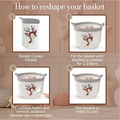 Deer Baby Storage Basket, Woven Cotton Rope Nursery Bin, 15x11 in - color: Deer
