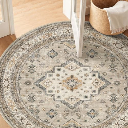 cotiled 5ft Round Living Room Area Rug, Washable, Traditional, Beige - color: Beige, size: 5' (Round)
