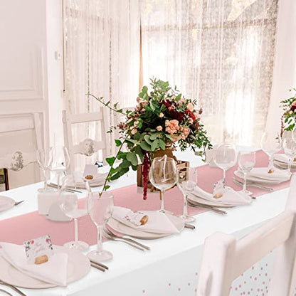 12 Pack Disposable Plastic Tablecloths and Satin Table Runner Set White and Rose Gold Dot Tablecloth Rose Gold Satin Table Runner for Wedding Birthday Baby Shower Anniversary Christmas New Year Party - color: White and Rose Gold, size: 12 Pack
