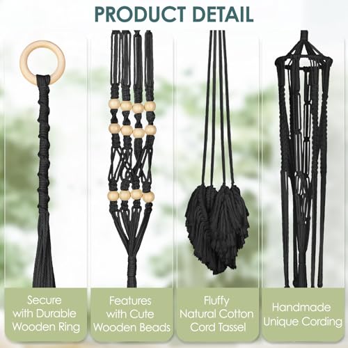 Macrame Plant Hanger Indoor Set of 4, Bohemian Hanging Planter with Tassels - color: Black