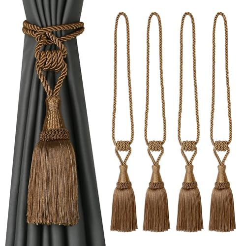 BEL AVENIR 4 Pack Tassel Curtain Tiebacks Handmade Holdbacks (Coffee) - color: Coffee, size: 4 Pack