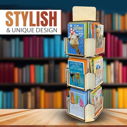Rotating Greeting Card Display Stand, 3 Tier Wooden Organizer, 4-Sided Display Rack Spinning Multi-Pocket Display for Coasters, Stickers, Retail, Tradeshow - A4, A6, A7, 5"x7", 4 bar (Natural) - color: Natural