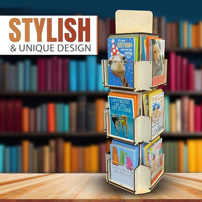 Rotating Greeting Card Display Stand, 3 Tier Wooden Organizer, 4-Sided Display Rack Spinning Multi-Pocket Display for Coasters, Stickers, Retail, Tradeshow - A4, A6, A7, 5"x7", 4 bar (Natural) - color: Natural