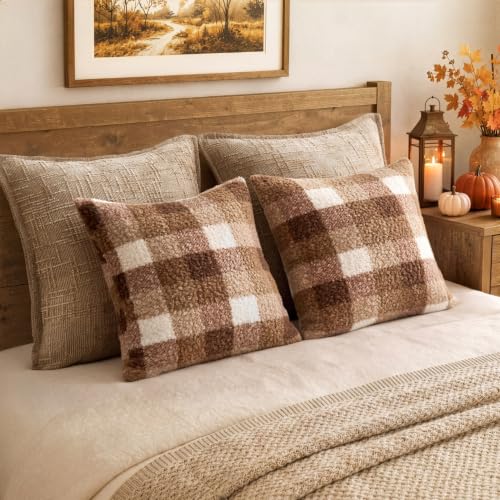 MIULEE Fall Plaid Pillow Covers Boucle Khaki White 18x18 Set of 2 - color: Khaki White, size: 18" x 18" (Pack of 2)