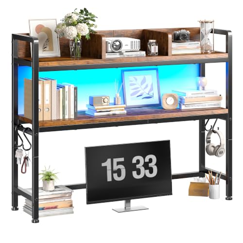 REIBII 2-Tier Desk Shelf with LED for Bedroom and Home Office, Rustic Brown - color: Rustic Brown, size: 7.8"D x 37.5"W x 38.7"H