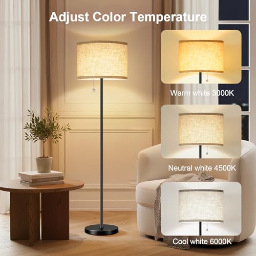 Floor Lamp, Floor Lamps for Living Room 3 Color Temperature Standing Lamp with Pull Chain Switch, Black Floor Lamp with Lampshade, Modern Tall Light for Bedroom Office(9W Bulb Included) - color: Black-LED Bulb