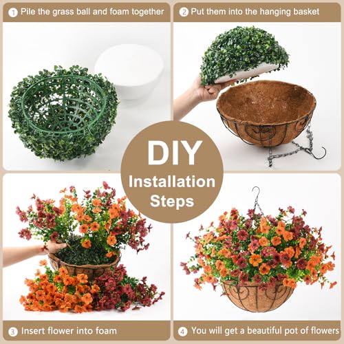 Artificial Fall Hanging Flowers Basket, UV Resistant Mums for Outdoors - color: Orange Brown