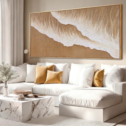 ZENPEE Hand Painted Abstract Wall Art in Brown and White, 29 x 58 Inch Large Horizontal Canvas Painting for Living Room Above Sofa - color: Beige, size: 58"L x 29"W