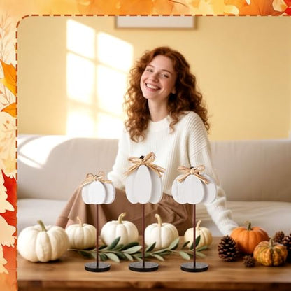 Thyle 3 Pcs Fall Pumpkin Decor, Wooden, White - color: White