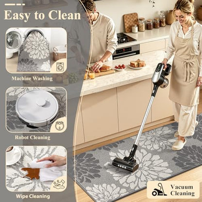 Findosom Kitchen Rugs Sets of 2, Floral Washable Kitchen Runner Rug, Gray - color: Grey, size: 24" x 36" + 24" x 71"