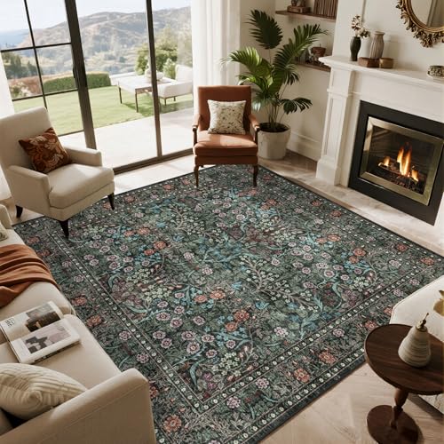 Dark Green 6x6 Square Rug - Washable Cottage Floral Living Room Rug - color: Black / Multi, size: 6' x 6' (Square)