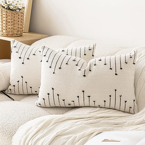 LILEPOY Boho Throw Pillow Covers 12x20 Farmhouse Lumbar Couch Pillow case - color: Beige and Black, size: 20" x 12" (Pack of 2)