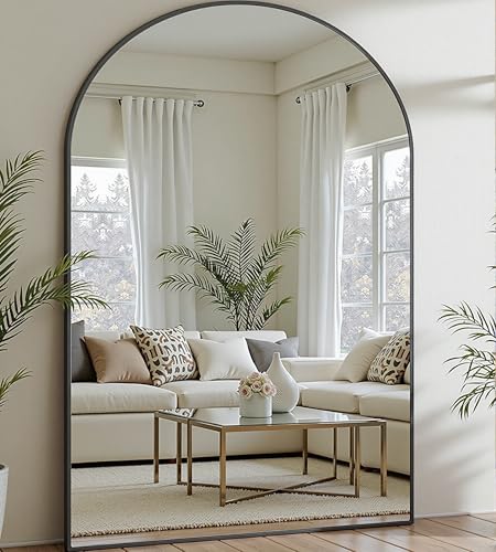 Prywot Full Length Mirror, Oversized 81"x41" Arched-Top Floor Mirror, Black - color: Black, size: 81"L x 41"W