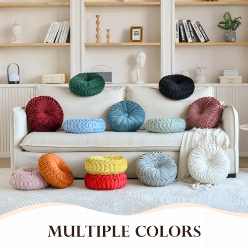 Teieas Round Throw Pillow Velvet Pleated Round Pillow Cushion - color: Beige