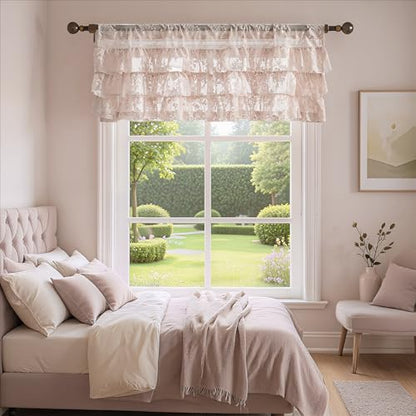 Kotile Blush Pink Ruffle Lace Valance for Windows W52 x L18 Inch, 1 Panel - color: Blush Pink - Ruffle Lace