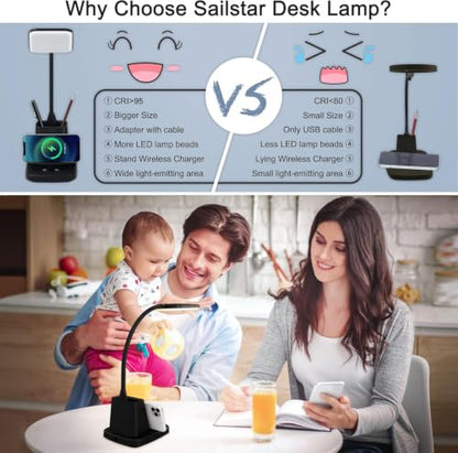LED Desk Lamp with 10W Wireless Charging & Pen Holder, Black - color: Black