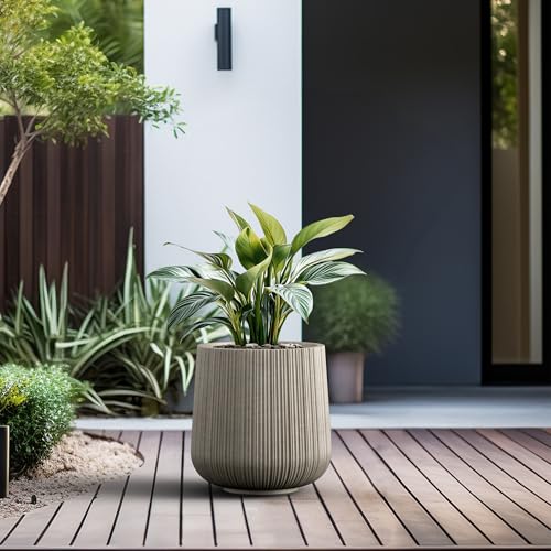 Kante Accent Round Curved Weathered Concrete Planter 13" Dia, Outdoor - color: Ringed Weathered Concrete, size: 13” Dia