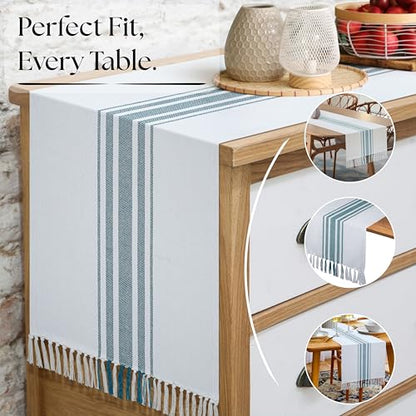 Native Fab Teal Table Runner 72 Inches Long - Boho Stripe Table Covers with Fringes - 100% Cotton, Tight Weave, Non Slip Tablerunner for Dining, Dresser, Wedding, Events - Teal Green (14x72 inches) - color: Green White, size: 14x72