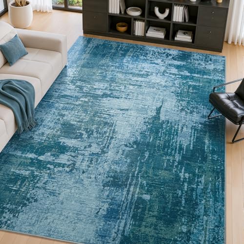 Merelax 5x7 Blue Washable Area Rug Non-Slip Faux Wool Abstract Rug - color: Blue, size: 5' x 7'(60''x84'')