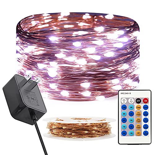 RUICHEN Dimmable Fairy Lights Plug in Copper Wire 33 Ft 100 LED, Cool White - color: Cool White