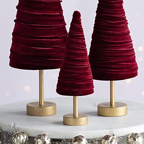 Set of 3 Burgundy Pedestal Velvet Trees, Holiday Mantel Accents, Rich Elegant Charm, Cozy Handcrafted, Valentine Winter Tabletop, Entryway (Burgundy) - color: Burgundy