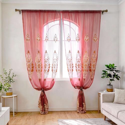 Amidoudou Rod Pocket Curtains European Luxury Sheer Embroidered Curtains for Living Room Bedroom (Red,52" W x 90" L (Pack of 2)) - color: Red, size: 52"W x 90"L (Pack of 2)