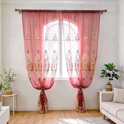 Amidoudou Rod Pocket Curtains European Luxury Sheer Embroidered Curtains for Living Room Bedroom (Red,52" W x 90" L (Pack of 2)) - color: Red, size: 52"W x 90"L (Pack of 2)