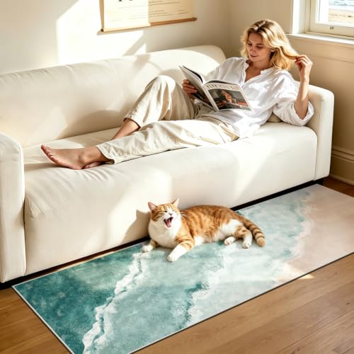 Beach Pattern 2x6ft Runner Rug Non Slip Washable Kitchen Runner Rug with Rubber Backing，Low-Pile Soft Washable Runner Rugs for Hallway Entryway Kitchen Bedroom Living Room Bathroom, Teal - color: Teal Beach, size: 2' x 6' (Rug)