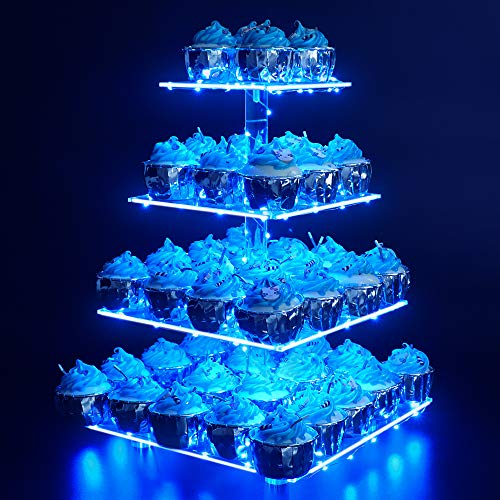 YestBuy 4 Tier Cupcake Stand with Blue Lights, Cupcake Tower Stand 50 Cupcakes - color: Blue, size: 4 Tier Square