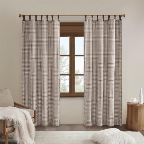Madison Park Plaid Window Curtain, 1 Panel, 50x84 Brown, Top Tab - color: Faux Leather Tab Top, Brown, size: 50"W x 84"L (Pack of 1)