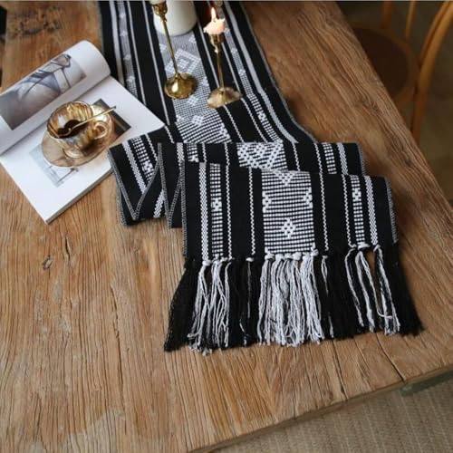 Cotton Linen Table Runner Bohemian Striped Table Runner with Tassels for Dining Party Holiday (Black, 13.5‘’x108‘’) - size: 13.5‘’x108‘’