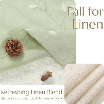 jinchan Linen Kitchen Valance Sheer Leaf Embroidered 18 Inch 1 Panel Green - color: Leaf | Beige on Green