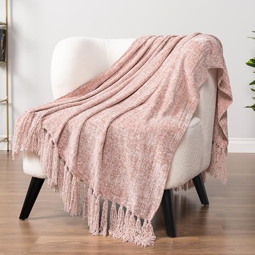 PAVILIA Chenille Throw Blanket, Knit Twin Size Tassel Throw, Pink 60x80 - color: Blush Pink, size: 60 X 80 Inches - Twin