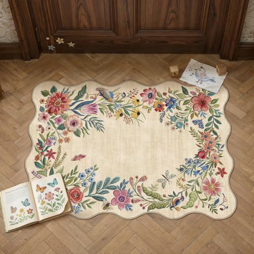 2x3 Floral Beige Scalloped Area Rug - color: Scalloped | Beige, size: 2' x 3' (Rectangular)
