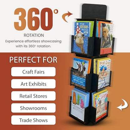 Rotating Greeting Card Display Stand, 3 Tier Wooden Organizer, 4-Sided Display Rack 360 Degree Spinning Multi-Pocket Display for Coasters, Stickers, Retail, Showcase, Tradeshow (Ebony) - color: Ebony
