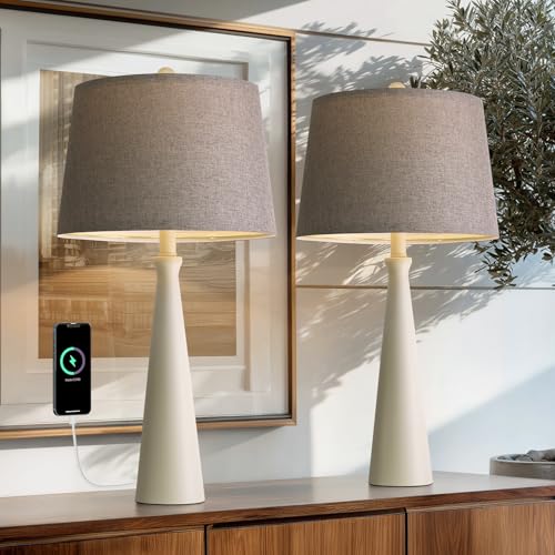 Oneach 25.75" Modern Table Lamp for Bedroom Set of 2, USB C Port, White - color: White