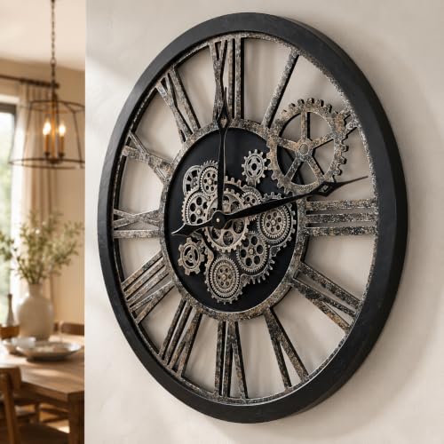 The B-Style Large Real Moving Gears Wall Clock, 30 inch, Black | Real Moving Gears/Rustic Retro Industrial Farmhouse/ Wood Clock /Oversized /Vintage /Living Room Decor/Housing Warming Gifts - color: Black and Bronze, size: 30 inch (76 cm)