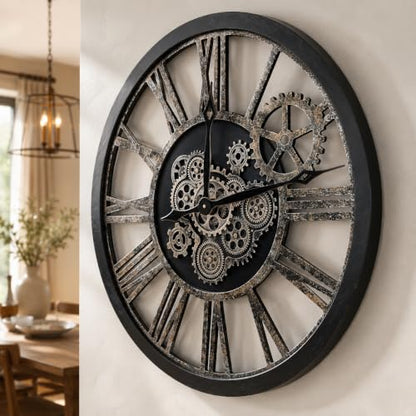 The B-Style Large Real Moving Gears Wall Clock, 30 inch, Black - color: Black and Bronze, size: 30 inch (76 cm)