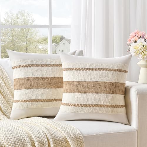 Fancy Homi Set of 2 Boho Neutral Decorative Throw Pillow Cover 14x14 Inch for Couch Bed Sofa, Aesthetic Modern Organic Farmhouse Home Decor, Soft Cotton Cute Macrame Woven Tan Cushion Case Gift - color: Neutral, size: 14" x 14" (Pack of 2)