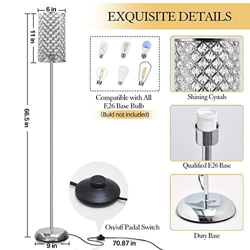 GyroVu Crystal Floor Lamp, Elegant Standing Lamp Modern Floor Lamp Silver Finish Tall Pole Lamp Accent Light with On/Off Foot Switch for Living Room, Girl Bedroom, Dresser, Office - color: Silver