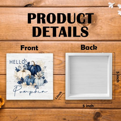 Blue and White Fall Pumpkin Wood Box Sign Desk Decor 5X5 - color: Navy Blue & Cream
