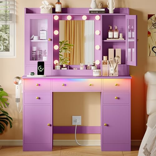 Xixini 44" Vanity Desk with Mirror & Lights, Glass Storage Cabinets, Purple - color: Purple