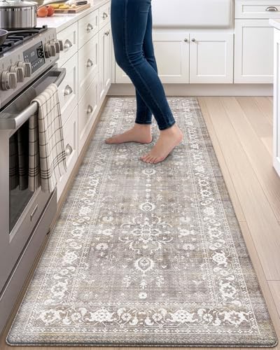 DEXI Kitchen Floor Mats Cushioned Anti Fatigue Runner Rug 24x87 Grey Floral - color: Beige Grey, size: 87"L x 24"W x 0.4"Th
