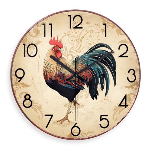 XNM 12 Inch Glass Rooster Wall Clocks Battery Operated - color: Brown Rooster, size: 12 Inch