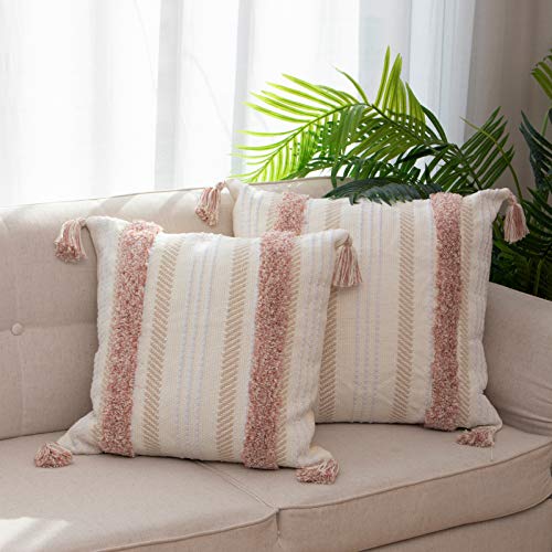 blue page Boho Tufted Square Pillow Cover 22 × 22 in – Neutral Pink | Woven Farmhouse Accent Decorative Throw Pillow Cover with Tassels & Invisible Zipper for Couch, Bed or Living Room - size: 22" x 22" (Pack of 1)