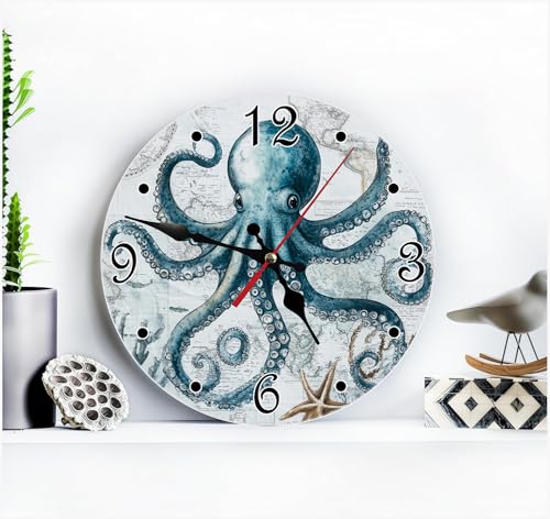 Unique Octopus Nautical World Map Silent Non Ticking Wall Clock 12 Inch, Battery Operated, Round Wood Wall Clocks, for Living Room Kitchen Bedroom Bathroom Office Decorative Coastal Gift - color: Unique Octopus Nautical World Map