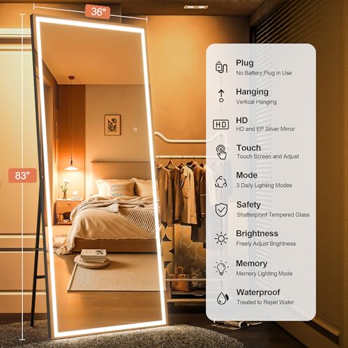 83" x 36" Full Length Mirror with Lights, Large LED Lighted Floor Standing Body Mirror, Dimmable & 3 Color Lighting for Bedroom, Cloakroom, Dressing Room, Tempered Glass, Black Frame - color: Black, size: 83"L x 36"W