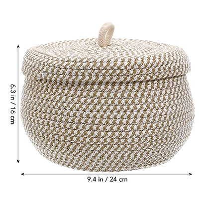 Angoily Storage Basket, 6.6 Quarts Woven Cotton Rope Basket with Lid, 1.6 Gal Small Round Decorative Storage Organizier Bin Box for Nursery, Living Room, Blanket, Home Decor, Bedroom