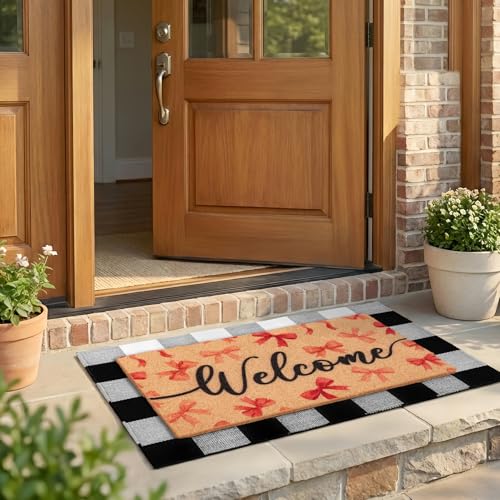 2-Piece Layered Welcome Mat Set - Coir Doormat & Buffalo Plaid Rug - color: Pink Bow